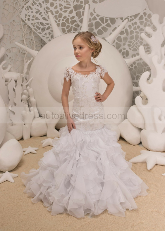 White Lace Organza Corset Back Long Flower Girl Dress